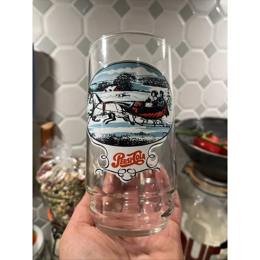 Two Vintage collectible Pepsi-Cola Glasses Horse Pulling Sleigh Winter Holiday